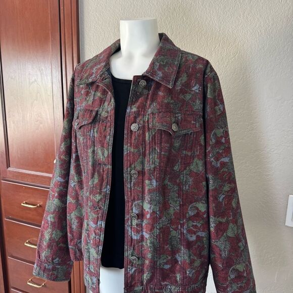 CJ Banks Red and Green Jean Jacket with Floral Pattern X - Picture 2 of 12